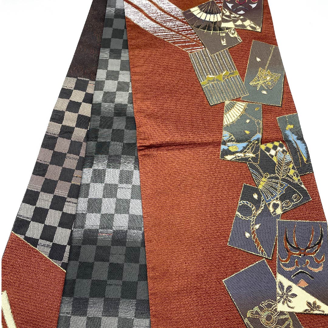 袋帯 職人七人衆 隈取 市松 河瀬満織物 帯丈452cm 正絹 Aランク 六通 カジュアル グラデーション系 1123006843499