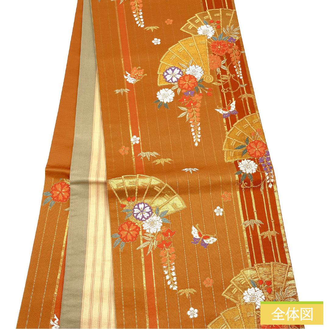 袋帯 正絹 Sランク 丹色（にいろ） 西陣織 扇面 藤 菊 帯丈416cm 六通 セミフォーマル 朱系 1123017192316