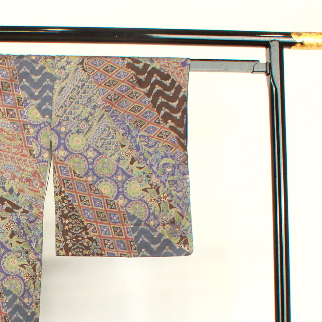 小紋 身丈153cm 裄丈61.5cm 袷  斉藤三才 更紗模様  正絹 Sランク グラデ 1115002892299