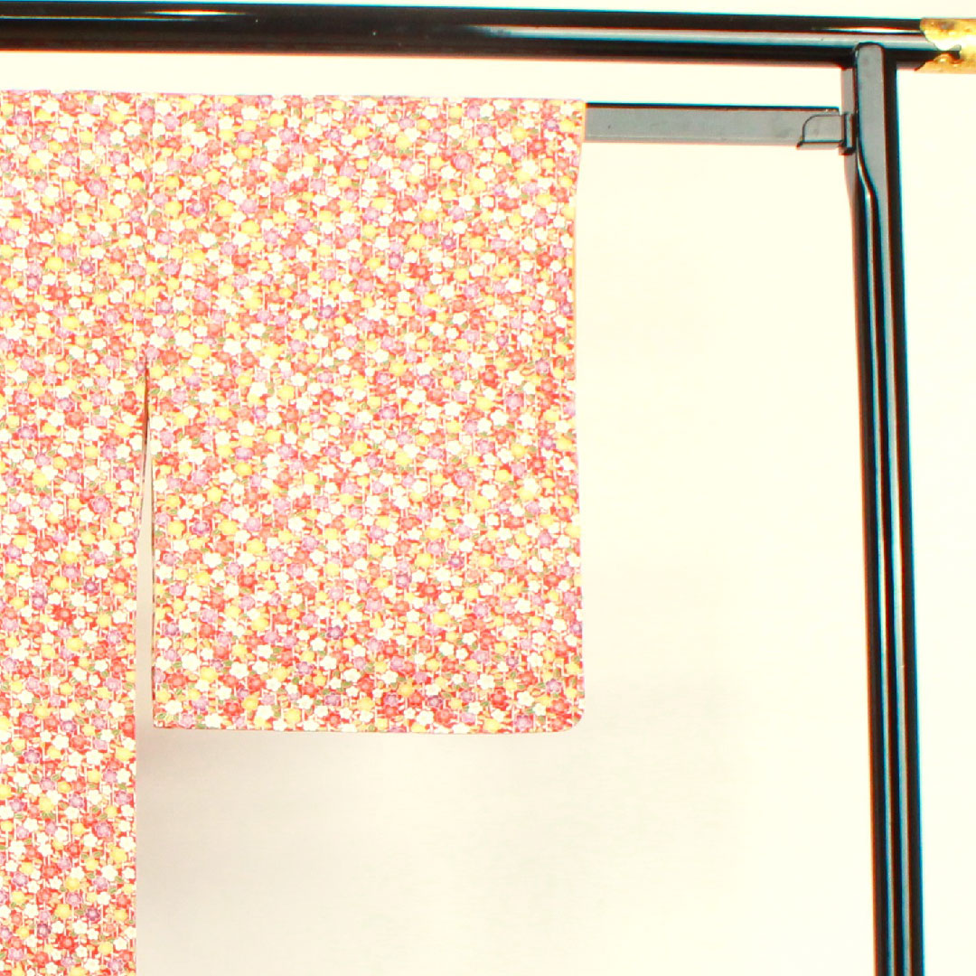 小紋 身丈152cm 裄丈61.5cm 袷  猩々緋色 梅 紬地  正絹 Sランク 赤系 1115002992212