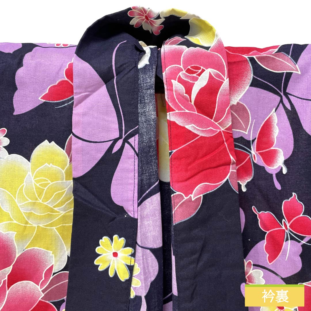 浴衣 木綿 Sランク 身丈164cm 裄丈63cm 濃紺色（のうこんいろ） 蝶 薔薇 単衣 紺系 1118007522418