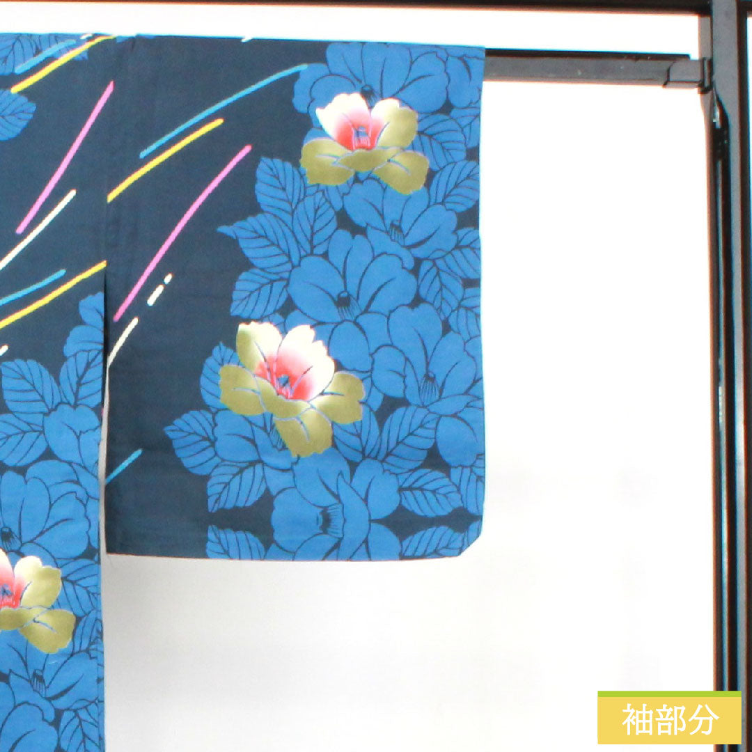 Yukata Cotton Length 161cm Sleeve length 65.5cm S rank Single layer Navy blue Navy iron color Camellia 1118005172418