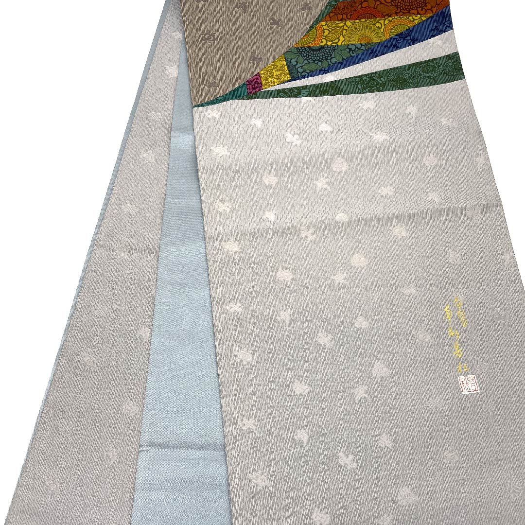 袋帯 錫色（すずいろ） 灰汁鼠色（あくねずいろ） 人間国宝 切嵌め 帯丈444cm 正絹 Aランク ポイント柄 カジュアル グレー系 1123006723322