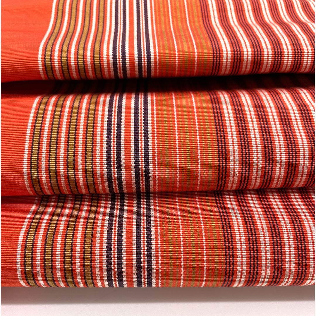 （未仕立）半幅帯 正絹 帯丈362cm 京緋色（きょうひいろ） 縞 博多織 本場筑前 橙系 Sランク 1125001422326