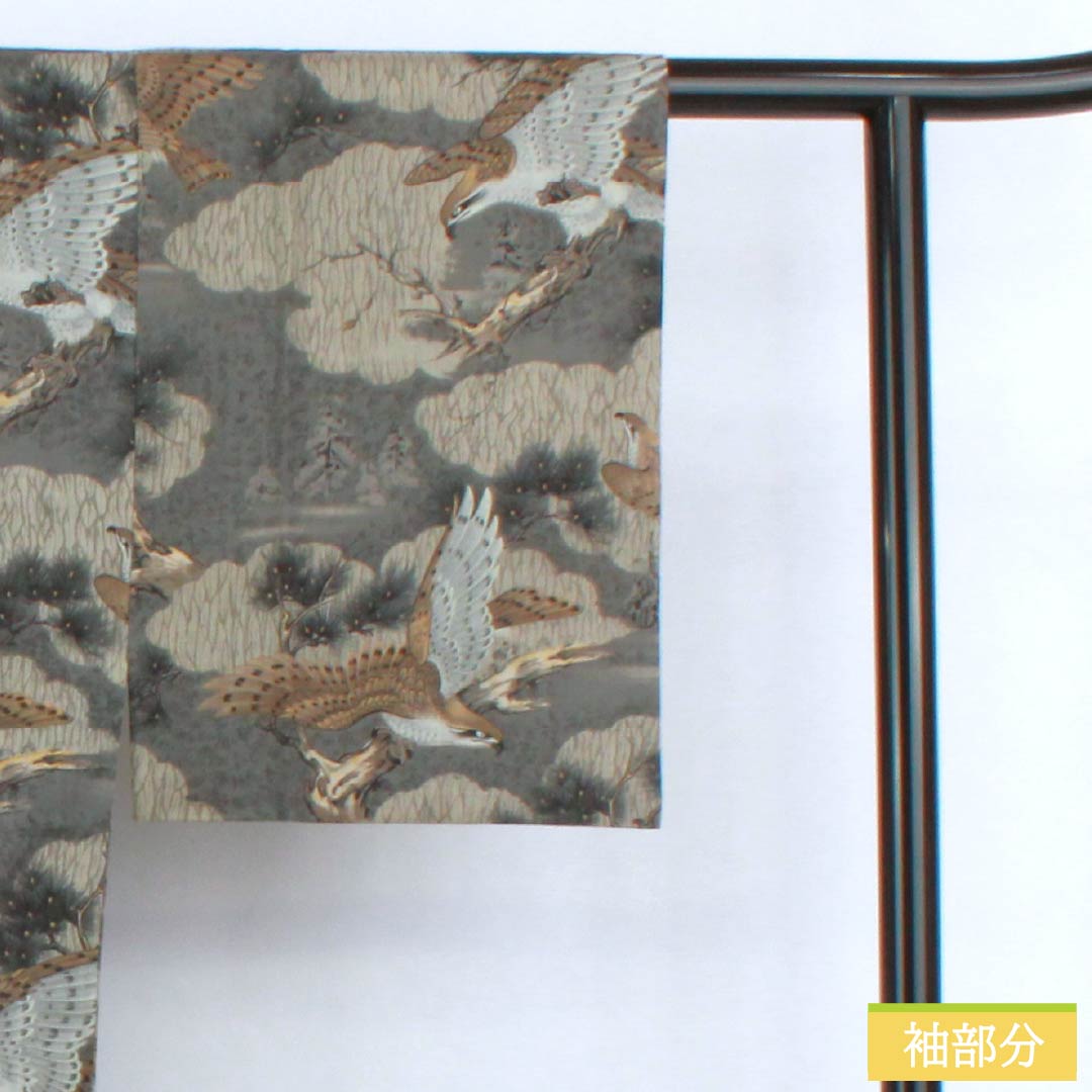 男物長襦袢 ウール Aランク 身丈131.5cm 裄丈65cm 藍銀煤竹色（あいぎんすすたけいろ） 松 鷲 単衣 グレー系 1140000753322