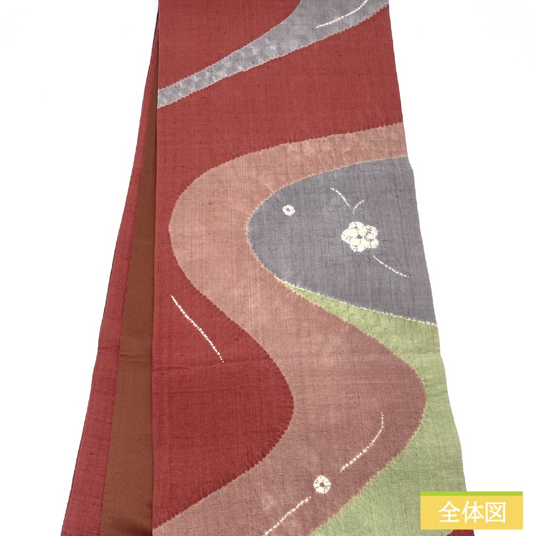 袋帯 正絹 蘇芳色（すおういろ） 紬地 絞り 染帯 流水 帯丈438cm Sランク 六通 カジュアル 朱系 1123012812316