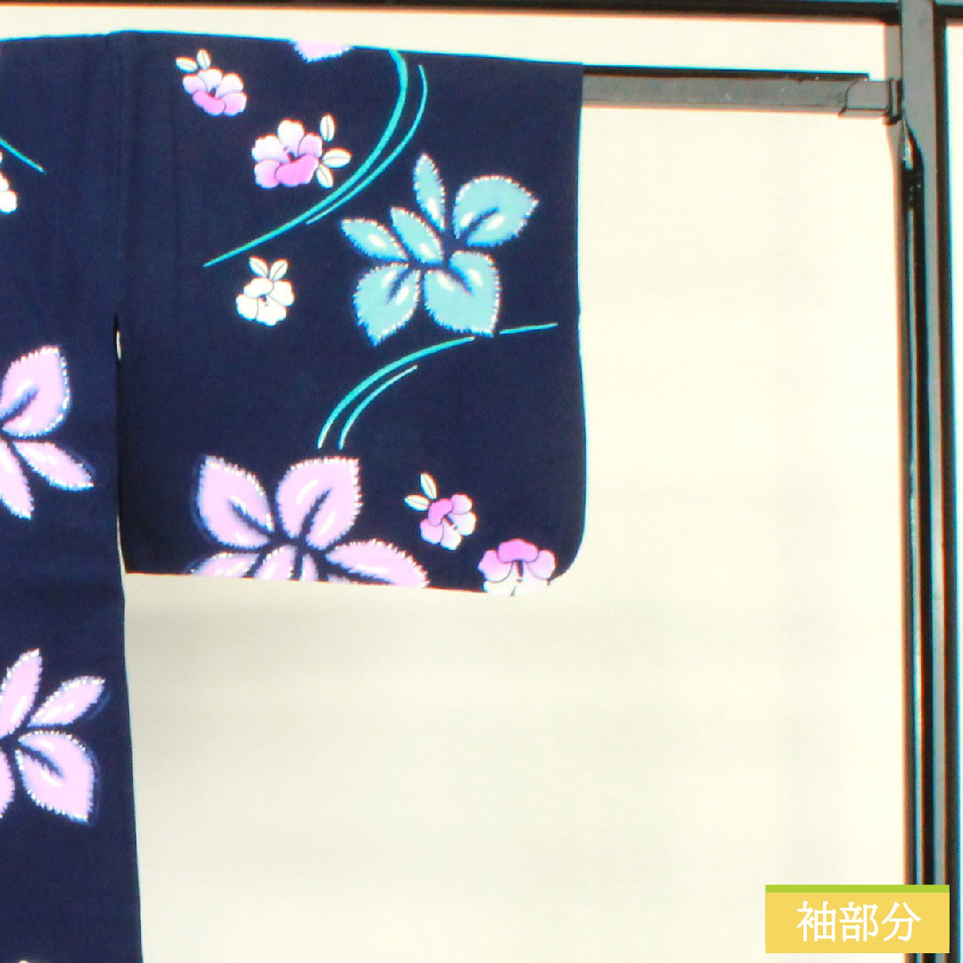 浴衣 木綿 身丈156cm 裄丈64.5cm Sランク 単衣 紺系 濃紺色（のうこんいろ） 菖蒲 椿 1118005182318