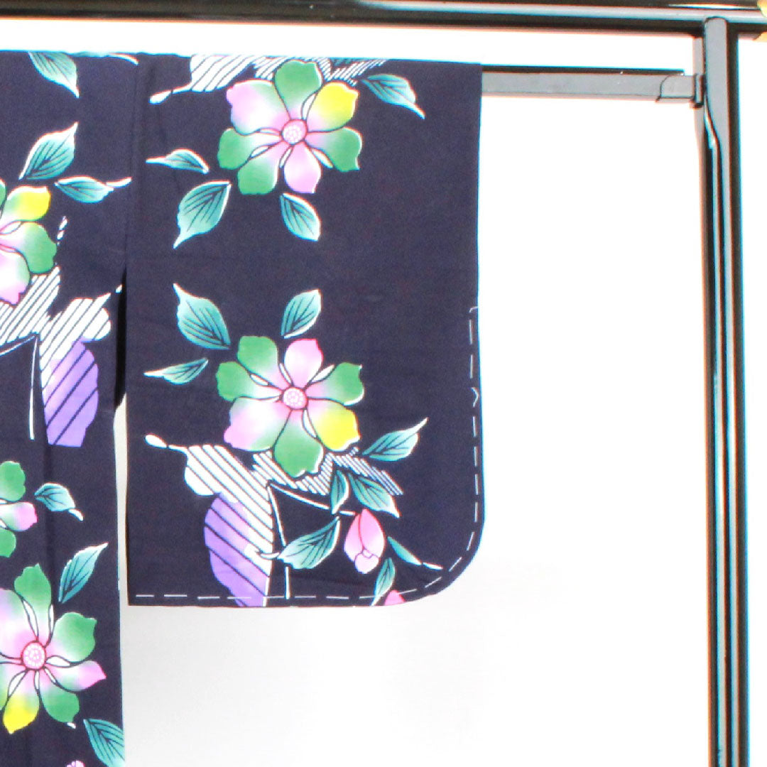 Yukata, dark blue, floral pattern, cotton, S rank, single layer, length 161.5cm, sleeve length 64cm, navy blue, 1118001982418