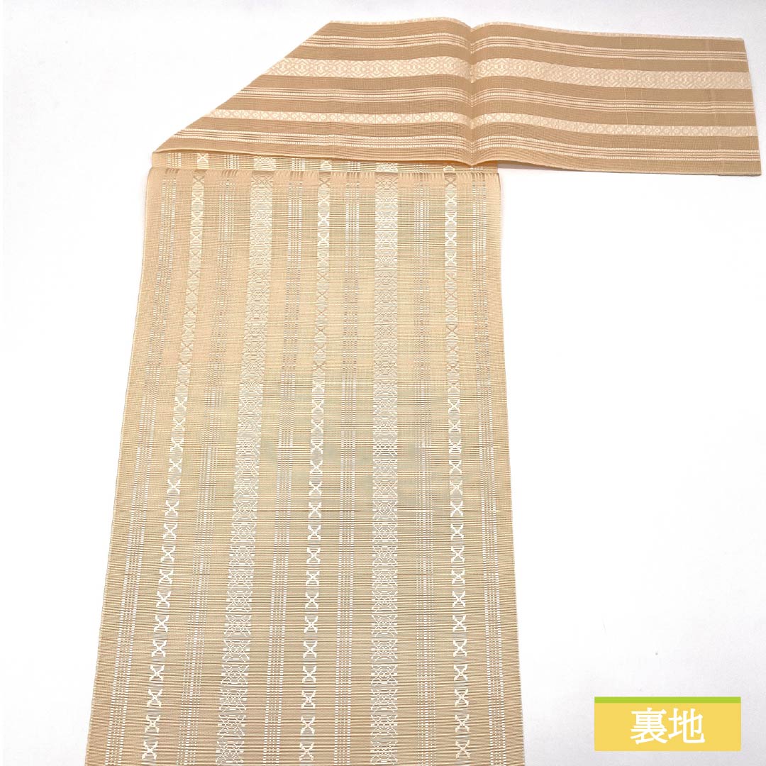 名古屋帯 薄肉色（うすにくいろ） 夏帯 博多織 献上柄 帯丈359cm 正絹 Sランク 全通 カジュアル クリーム系 1124008652315 松葉仕立て