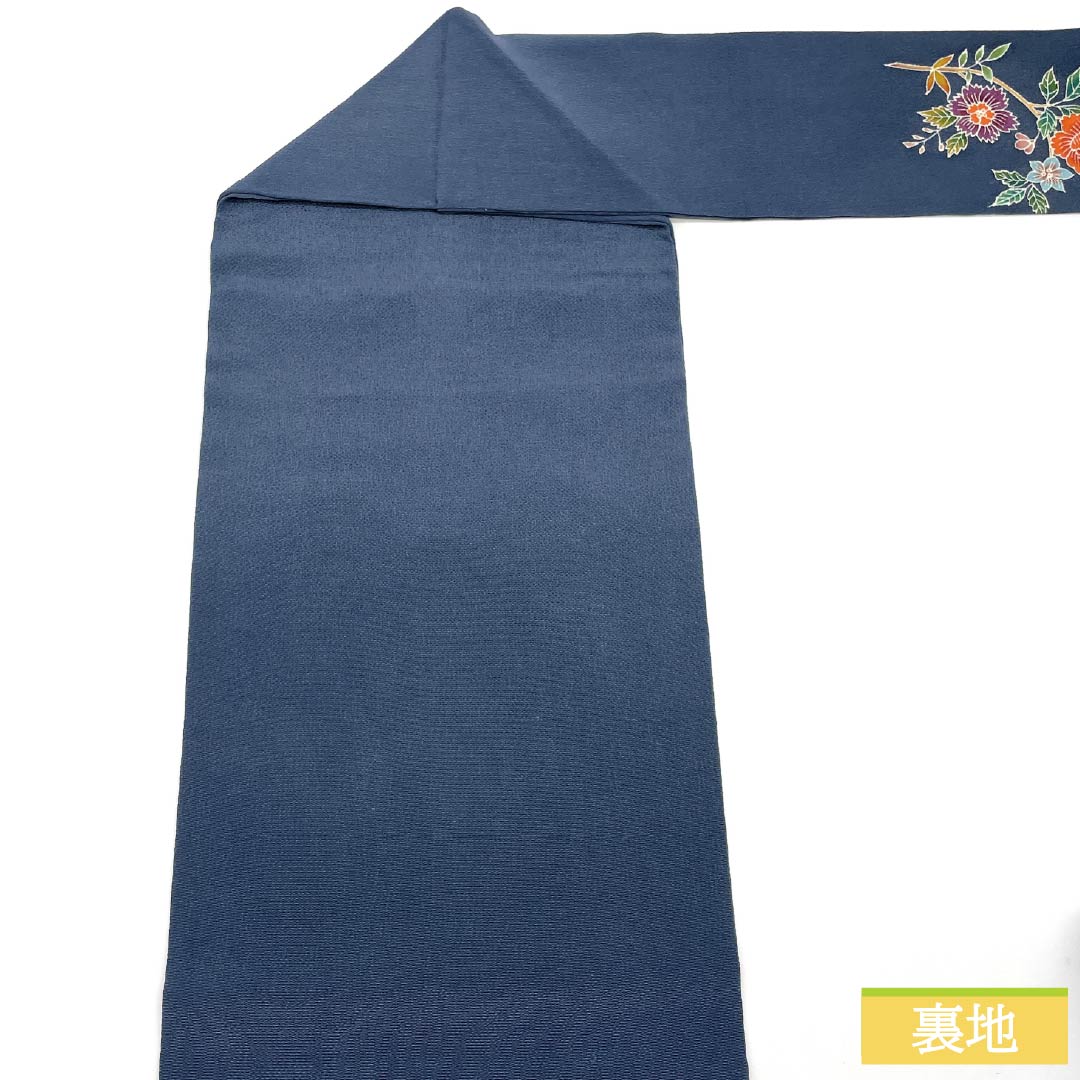 名古屋帯 正絹 Sランク 瞑色色（めいしょくいろ） 型染 ちりめん地 花鳥図 帯丈353cm ポイント柄 カジュアル 青系 1124010432317 名古屋仕立て