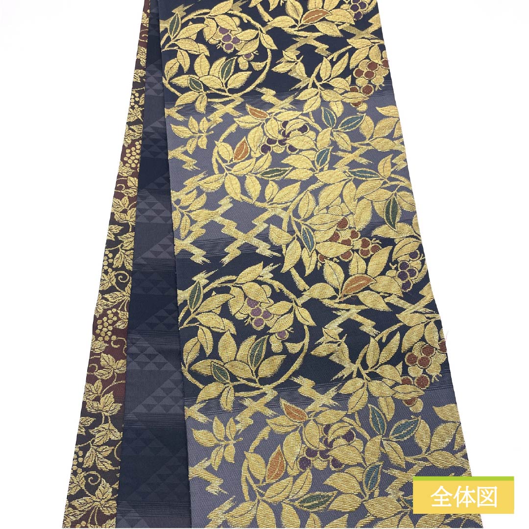 A-Rank Pure Silk Obi (Sash), Shakujo-iro (Tin-Tsuki) with Wana-ori (Wa-na) and Grape Arabesque Pattern, Length 476cm, Six-Ply, Formal, Gray, Item Number 1123015233422