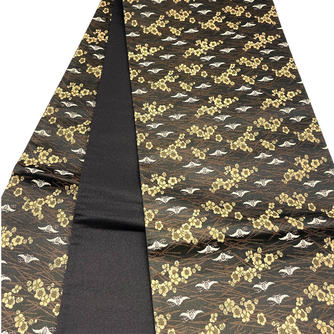 袋帯 黒色 松 梅 鳥 帯丈454cm 正絹 Sランク 全通 カジュアル 黒系 1123002852410