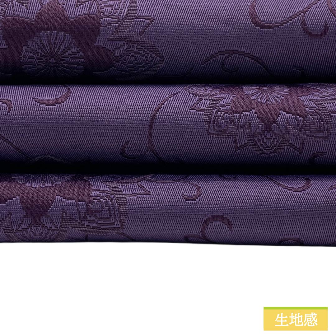 （新品）半幅帯 ポリエステル NEWランク 中紫色（なかのむらさきいろ） 薄紫色（うすむらさきいろ） 花唐草 ダマスク柄 リバーシブル 広幅 帯丈396cm 紫系 1125006131320