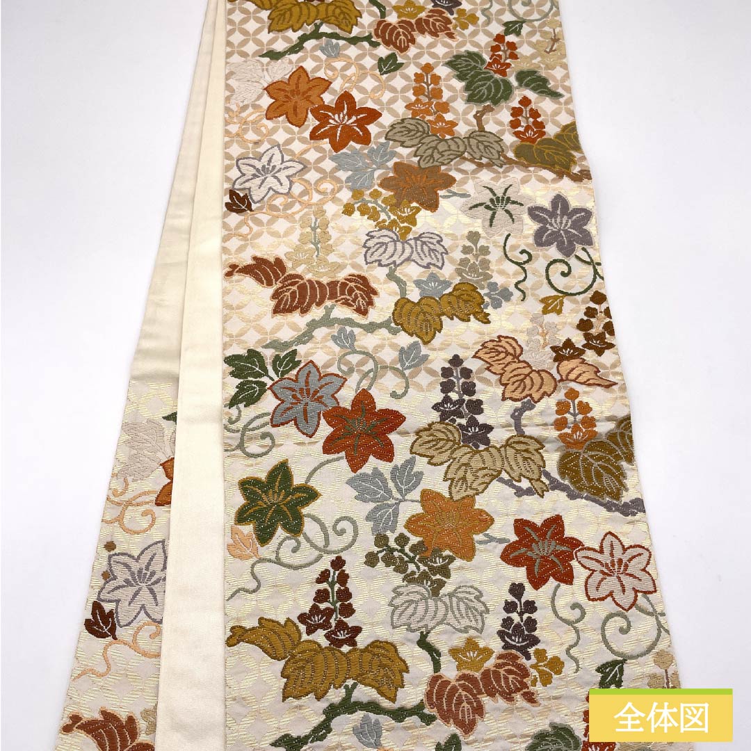 袋帯 正絹 胡粉色（ごふんいろ） 唐織 七宝桐鉄線文 帯丈422cm Aランク 六通 フォーマル 白系 1123014093311