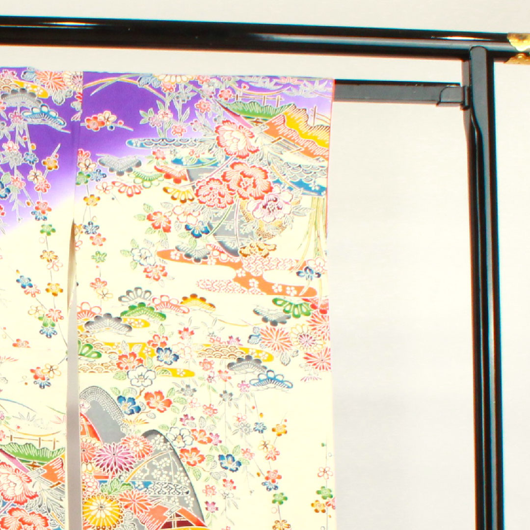 振袖 身丈162cm 裄丈65cm 袷  京紅型 松竹梅 菊 風景模様  正絹 Sランク 白系 1113001632411