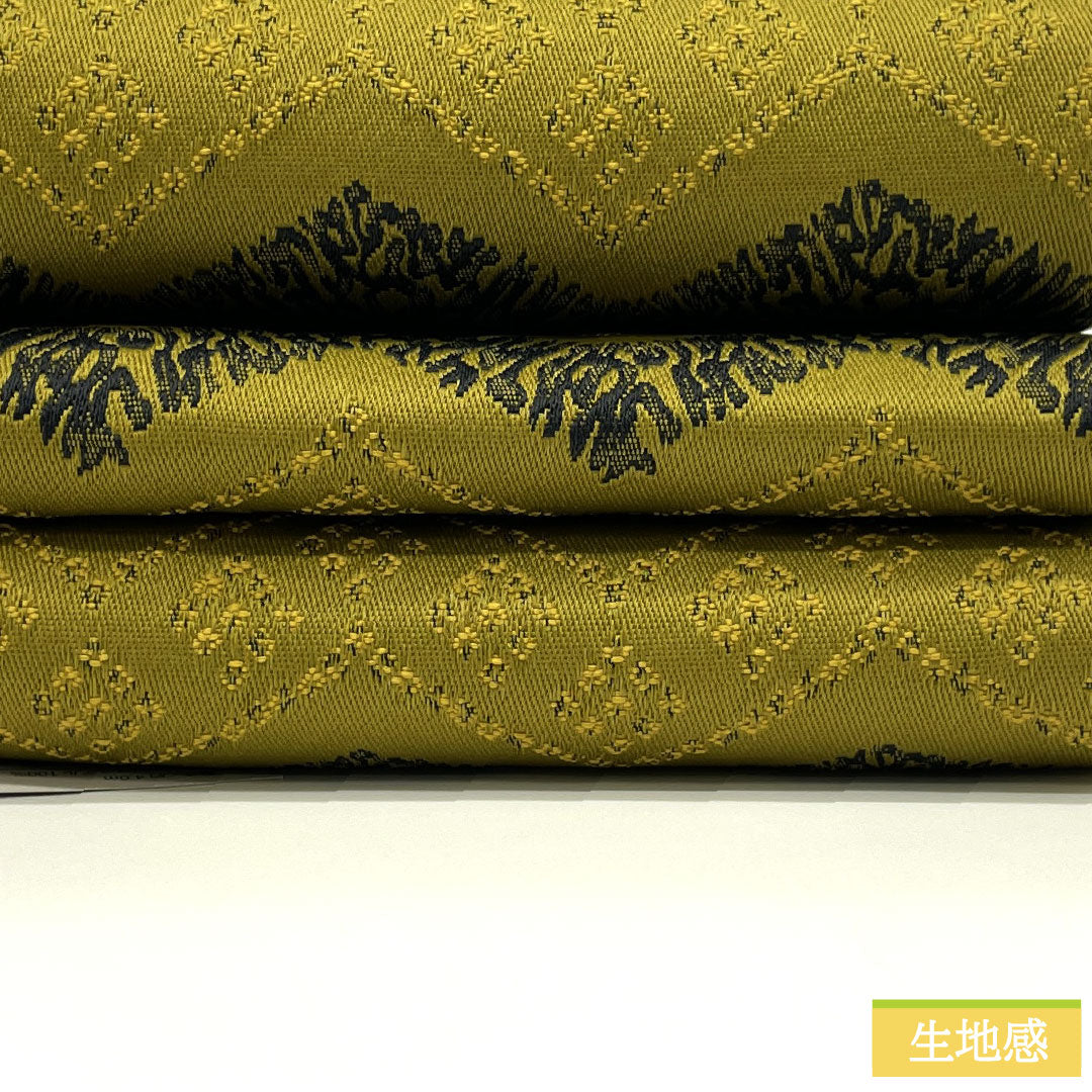 （新品）半幅帯 ポリエステル NEWランク 菜種油色（なたねあぶらいろ） 尾花色（おばないろ） ジグザグ模様 抽象花模様 リバーシブル 帯丈400cm 緑系 1125002501419