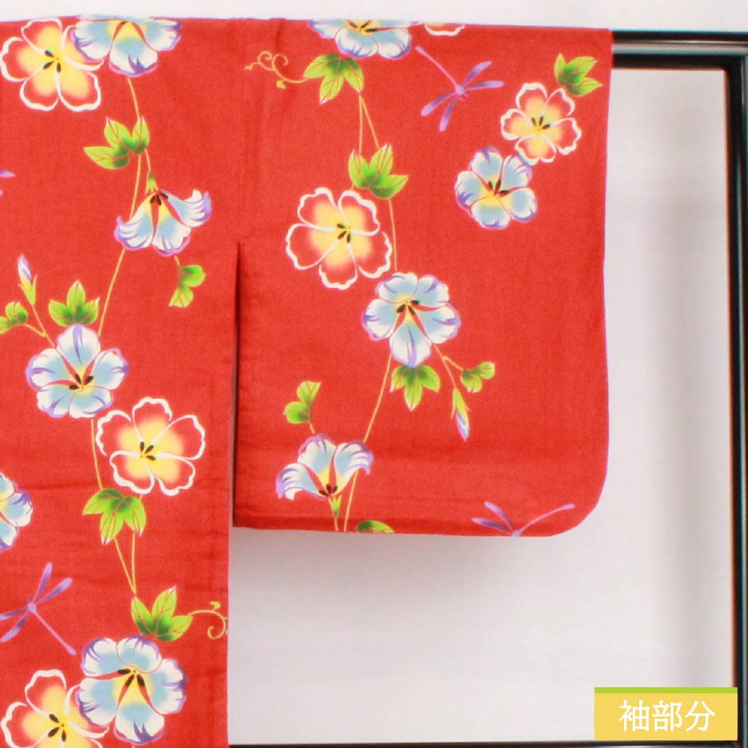 浴衣 木綿 身丈164.5cm 裄丈67.5cm Sランク 単衣 赤系 辰砂色（しんしゃいろ） ハイビスカス トンボ 1118005402412