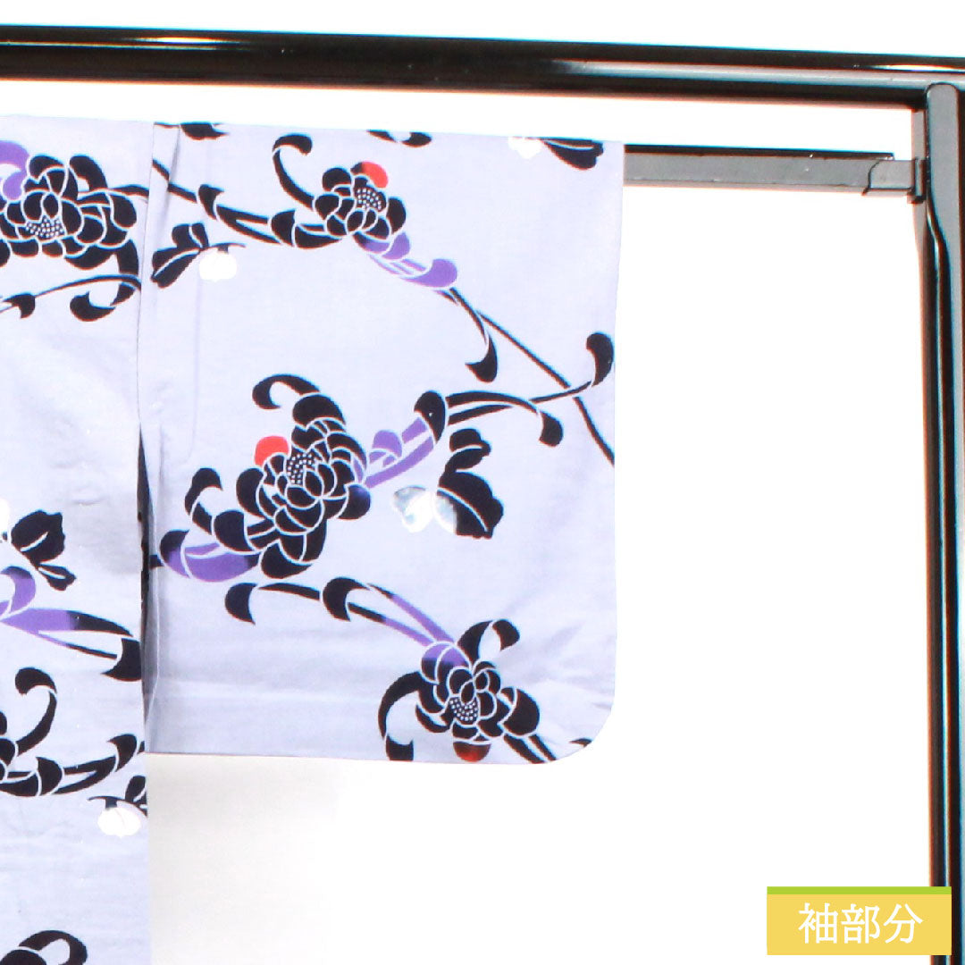 Yukata Cotton Length 164cm Sleeve length 65.5cm A rank Single layer Grayish White violet Chrysanthemum 1118004873422