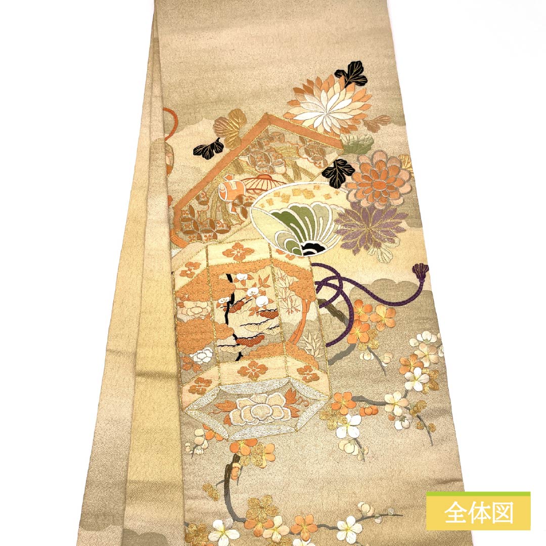（丸帯）袋帯 正絹 鳥の子色（とりのこいろ） 丸帯 アンティーク 刺繍 帯丈410cm Aランク ポイント柄 フォーマル ベージュ系 1123013863325