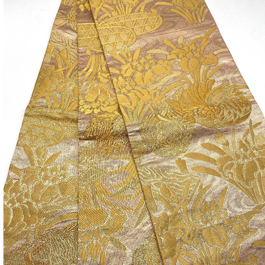 袋帯 乙女色 佐賀錦 鴛鴦 杜若 帯丈443cm 正絹 Sランク 全通 フォーマル ピンク系 1123005652313