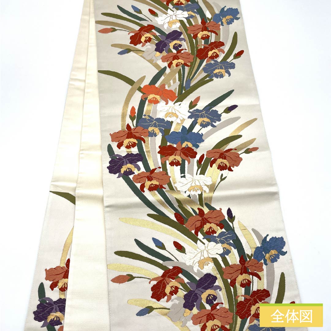 Fukuro Obi, pure silk, floral pattern, obi length 442cm, S rank, six-way, formal, white, 1123013912311