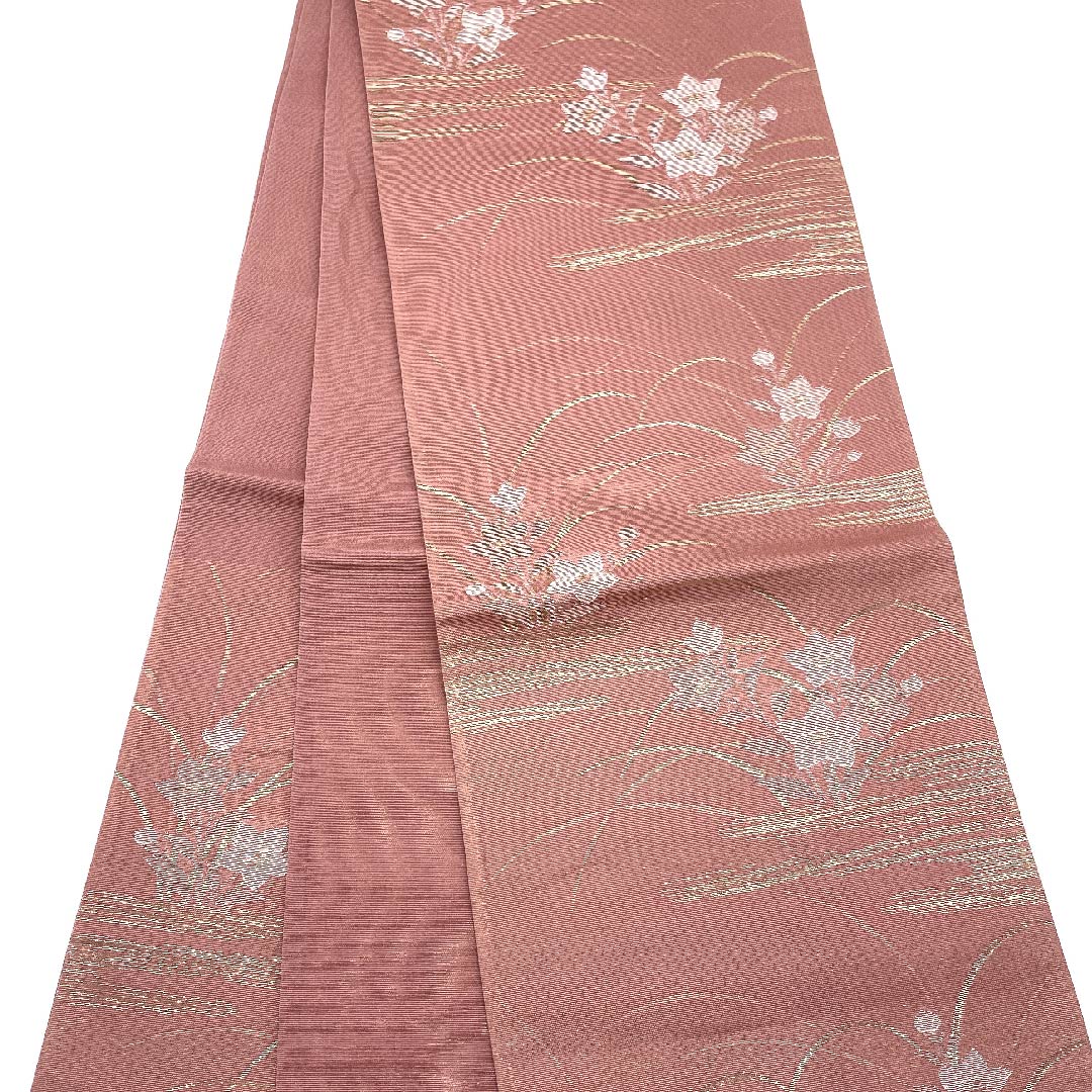 Fukuro Obi (light purple sappan) Summer Obi (belt) with bellflower and dew grass, summer wear, obi length 432cm, pure silk, A rank, six-pass, formal, pink, 1123007663313