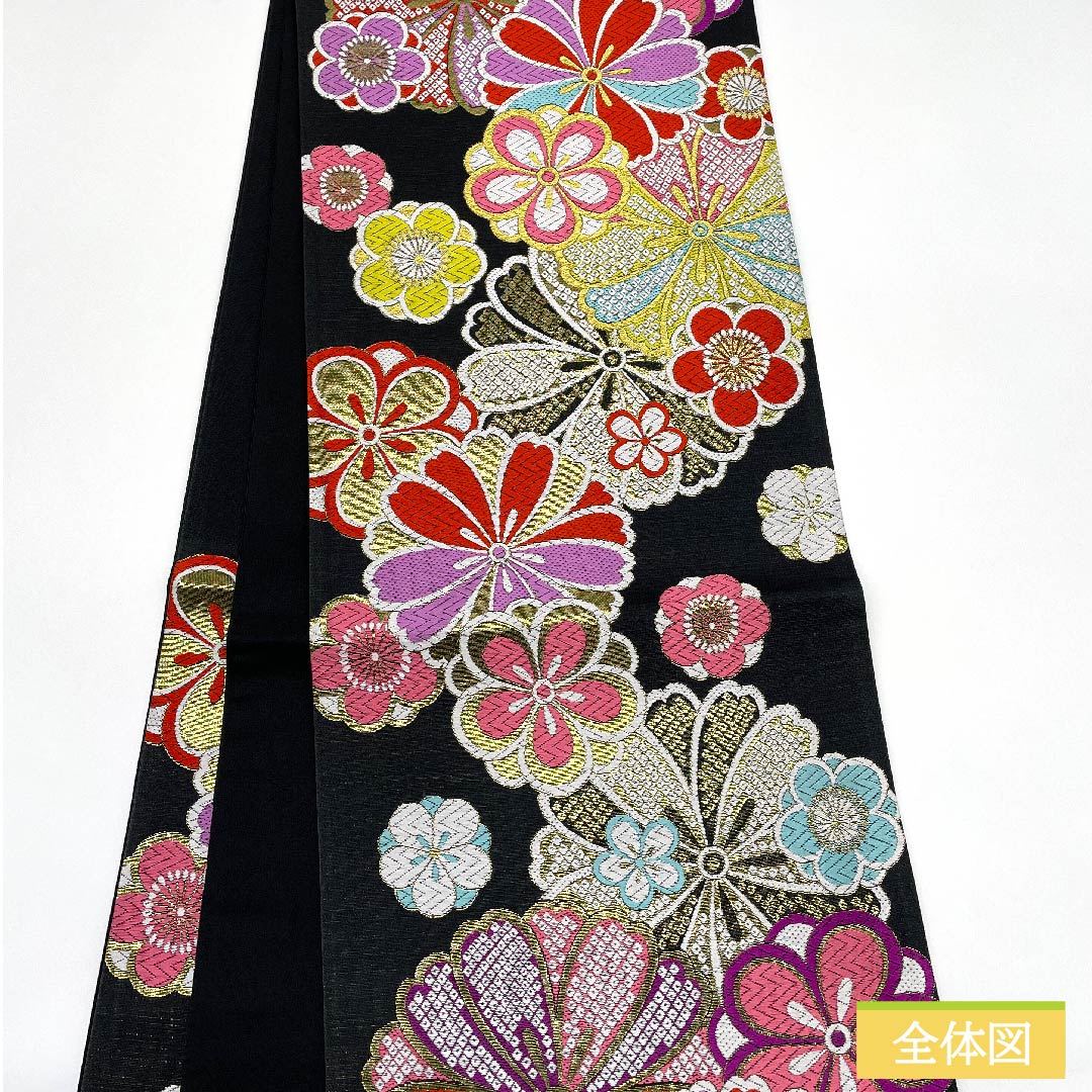 袋帯 正絹 黒色（くろいろ） ねじり梅 ねじり桜 鹿の子 帯丈444cm Sランク 六通 フォーマル 黒系 1123011612310