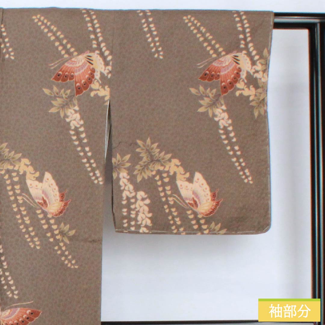 小紋 ポリエステル 身丈163.5cm 裄丈66cm 袷 消炭色（けしずみいろ） 藤 蝶 しつけ糸付き Sランク グレー系 1115005592422