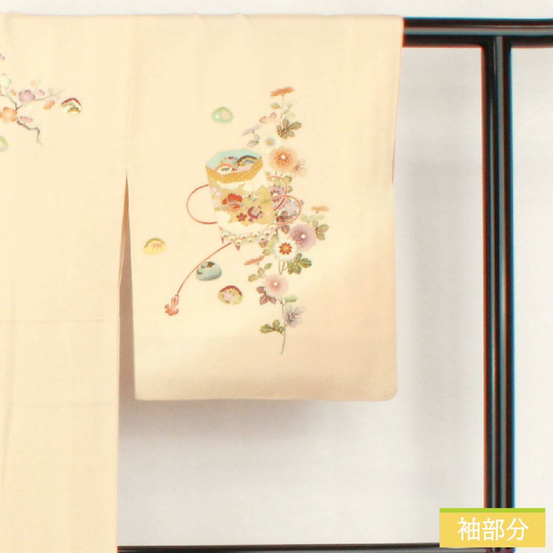 訪問着 正絹 袷 身丈158cm 裄丈64.5cm 砥粉色（とのこいろ） 京友禅 貝桶 吉祥文様 しあわせガード Aランク クリーム系 1112005803315