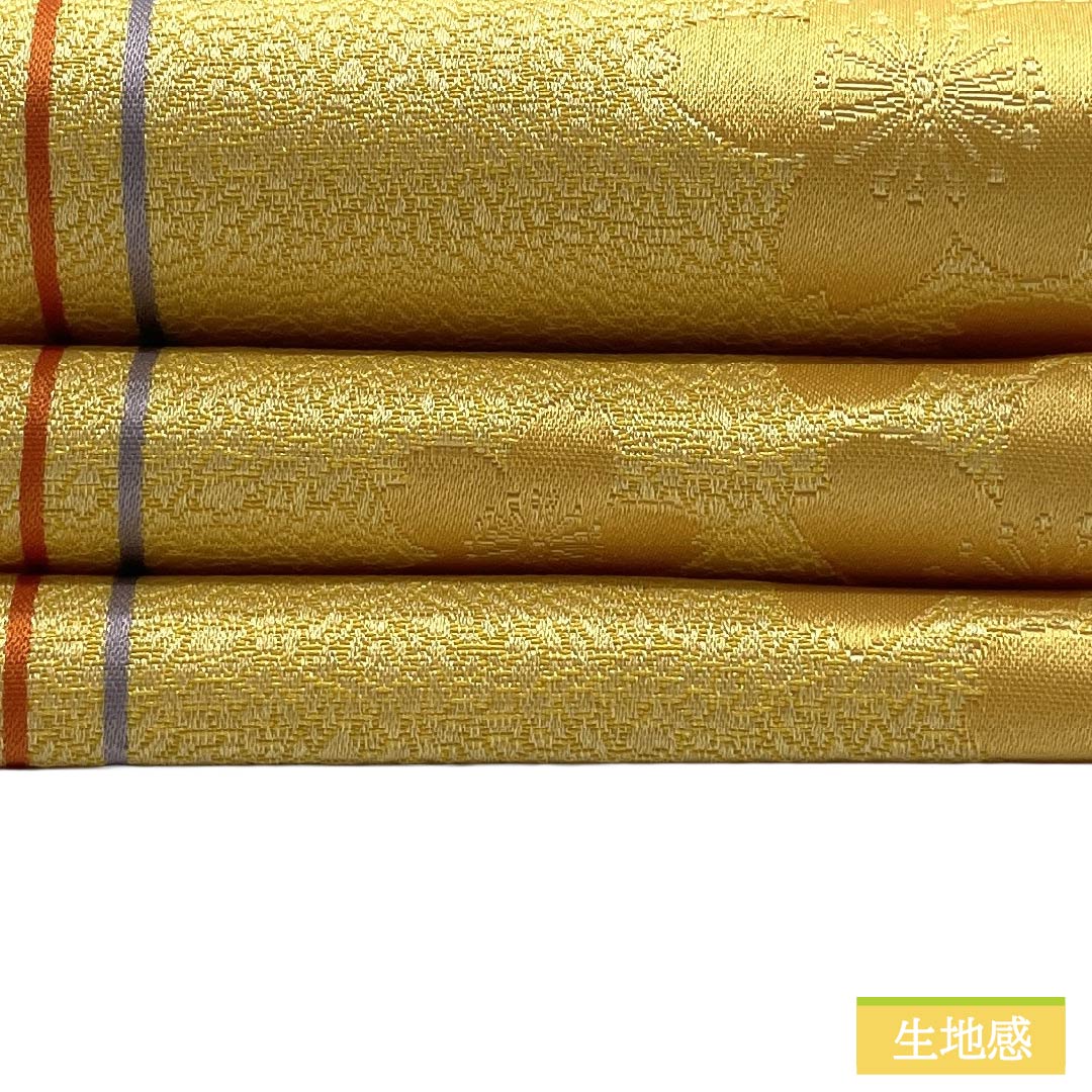 半幅帯 ポリエステル Sランク 卵色（たまごいろ） 桜 縞 帯丈352cm 黄系 1125004462323