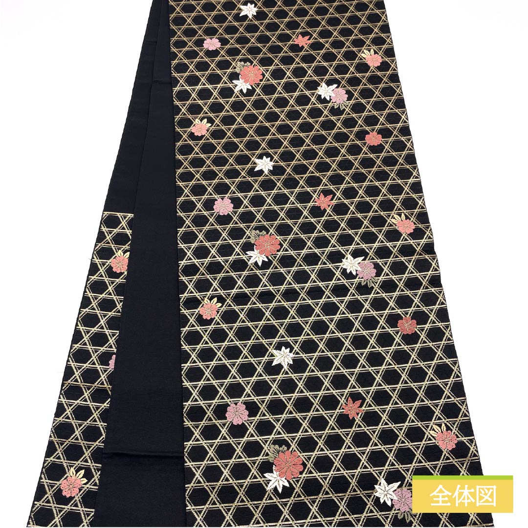 袋帯 正絹 Sランク 籠目 蝶 古典柄 帯丈424cm 全通 セミフォーマル 黒系 1123015342310