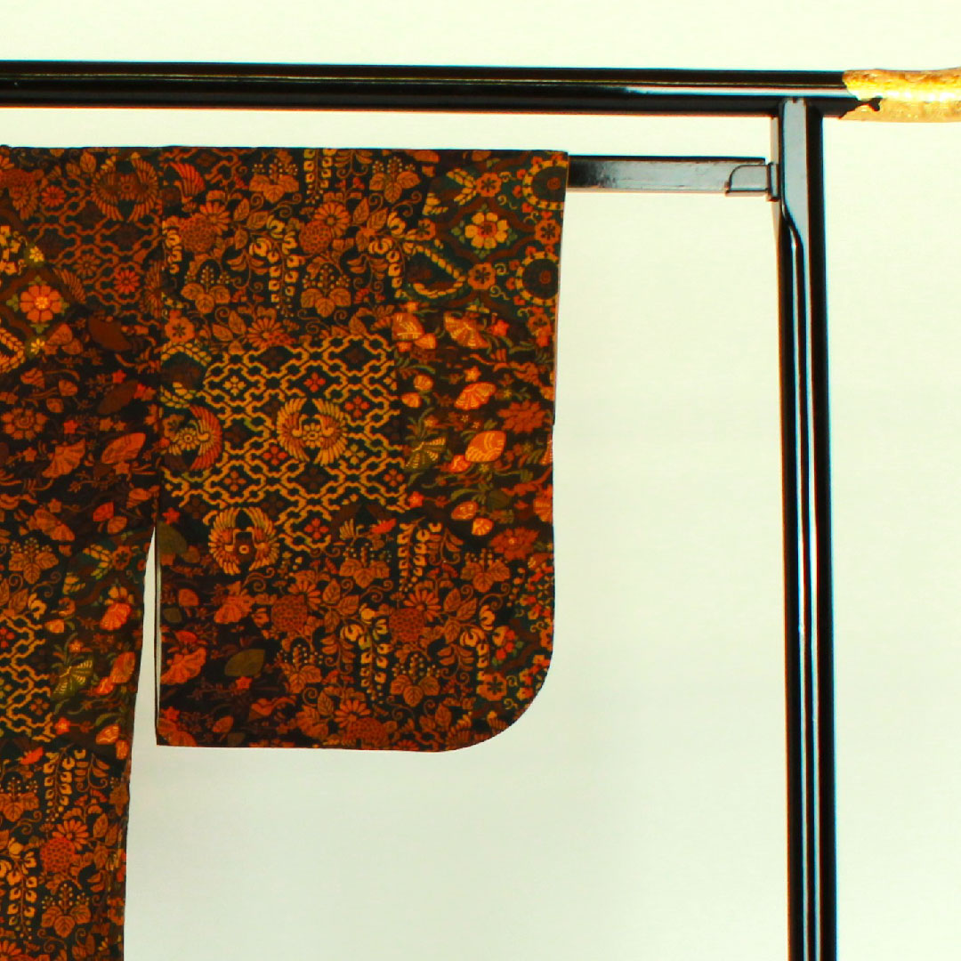 小紋 身丈158cm 裄丈64cm 袷  更紗模様  正絹 Aランク 茶系 1115000443314