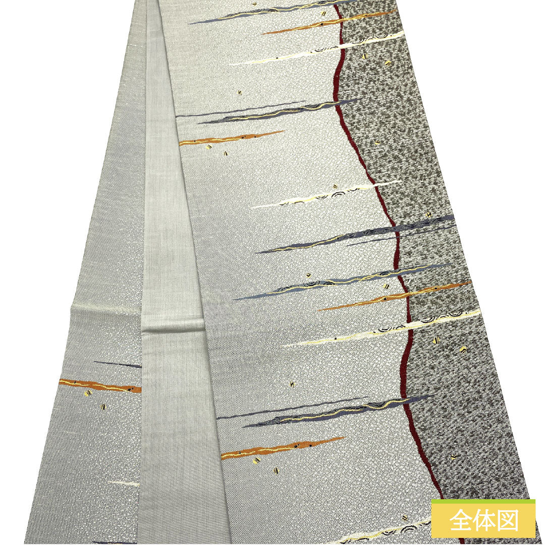 袋帯 正絹 Sランク 抽象模様 西陣織 帯丈444cm 六通 カジュアル グレー系 1123016682322