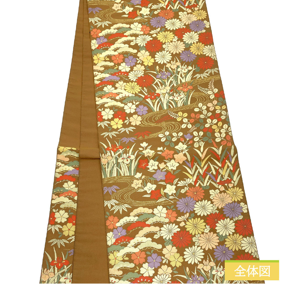 袋帯 正絹 Aランク 紹巴織 流水 草花模様   帯丈432cm 六通 セミフォーマル 茶系 1123016743314