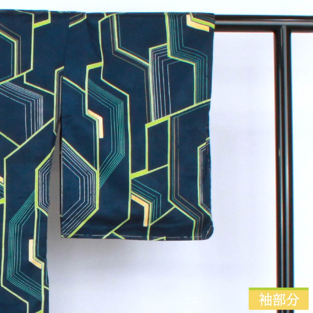 Komon (small pattern) polyester kimono, A rank, length 162.5cm, sleeve length 65cm, lined, navy blue (kon-iro) with geometric patterns, washable, navy blue, 1115007403418