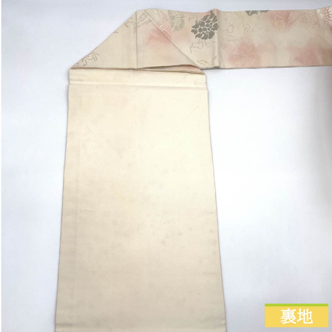名古屋帯 正絹 Sランク 白練色（しろねりいろ） 洋花 帯丈353cm 六通 セミフォーマル 白系 1124009532311 名古屋仕立て