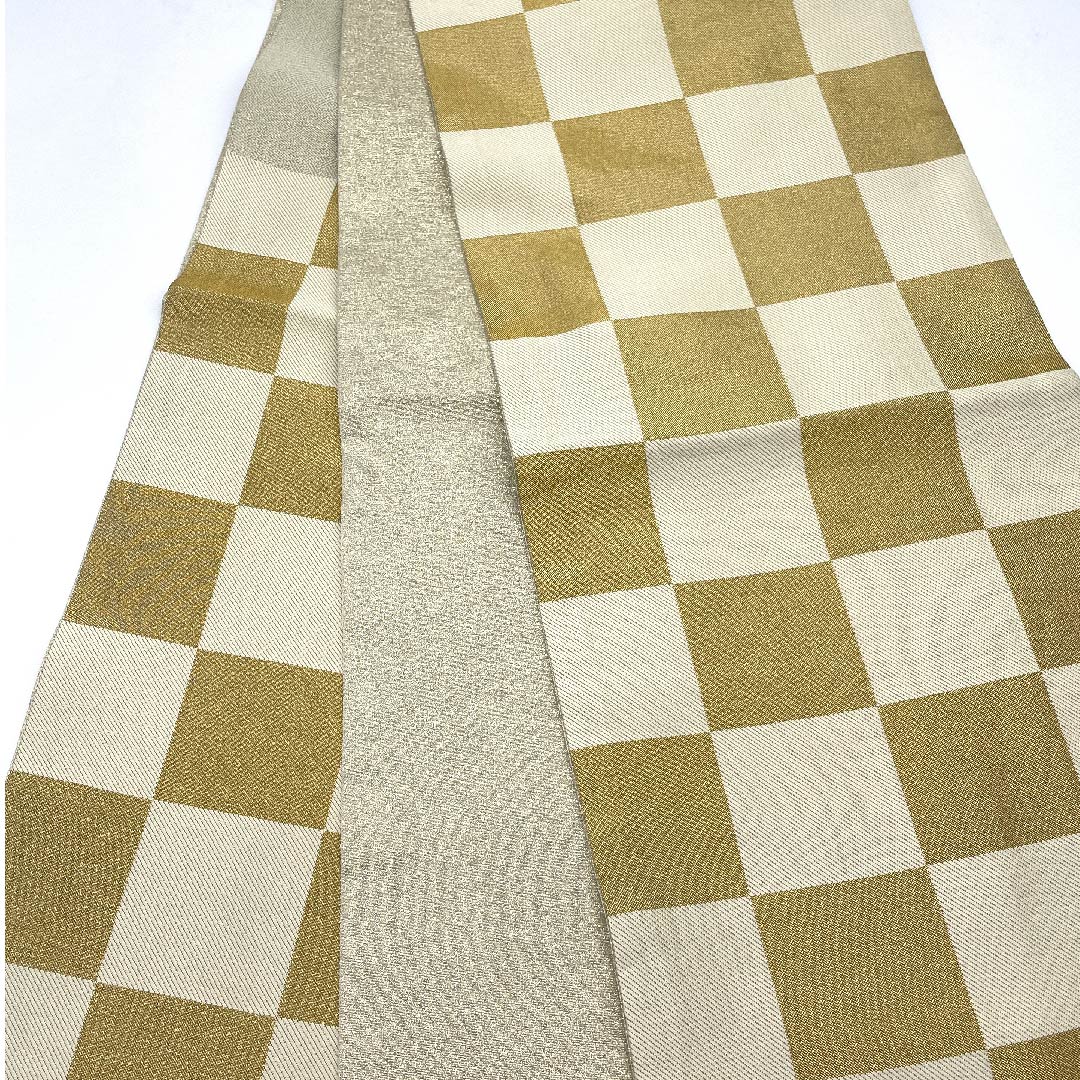 袋帯 金色 振袖用 市松 帯丈436cm 正絹 Sランク 六通 フォーマル 金系 1123006382321