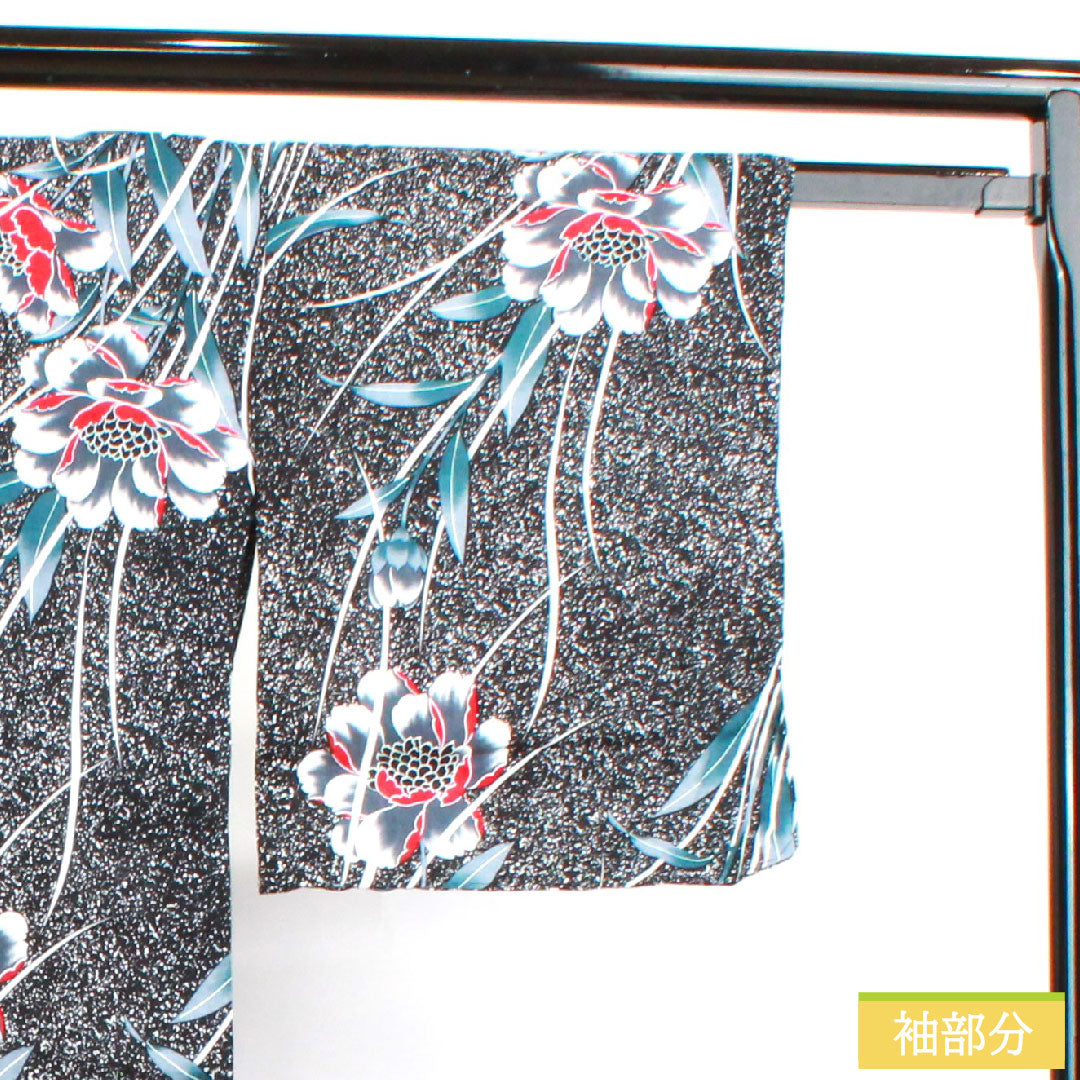 浴衣 木綿 身丈168.5cm 裄丈63cm Sランク 単衣 黒系 芍薬 1118004622510