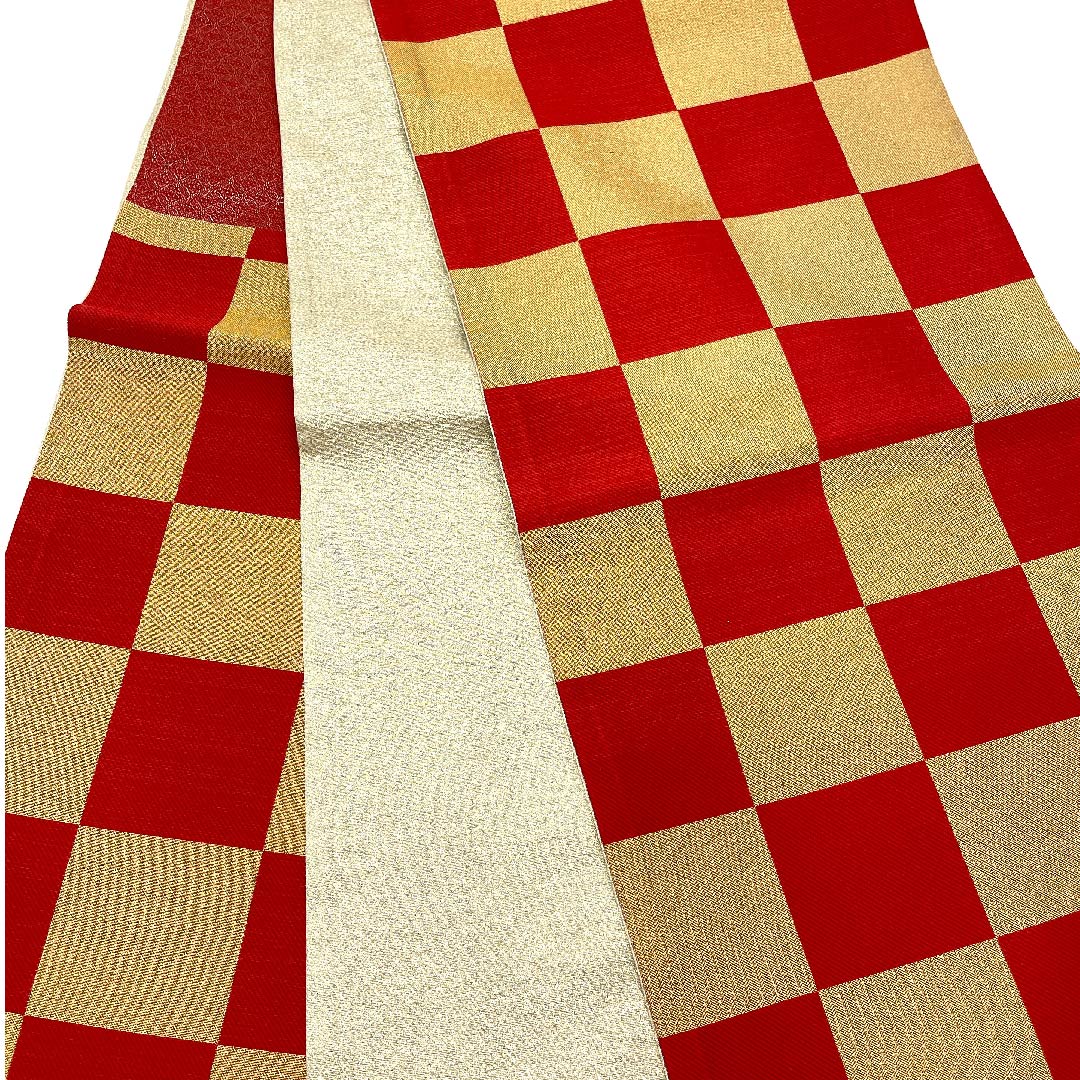 袋帯 金色 振袖用 市松 帯丈440cm 正絹 Sランク 六通 フォーマル 金系 1123006252321