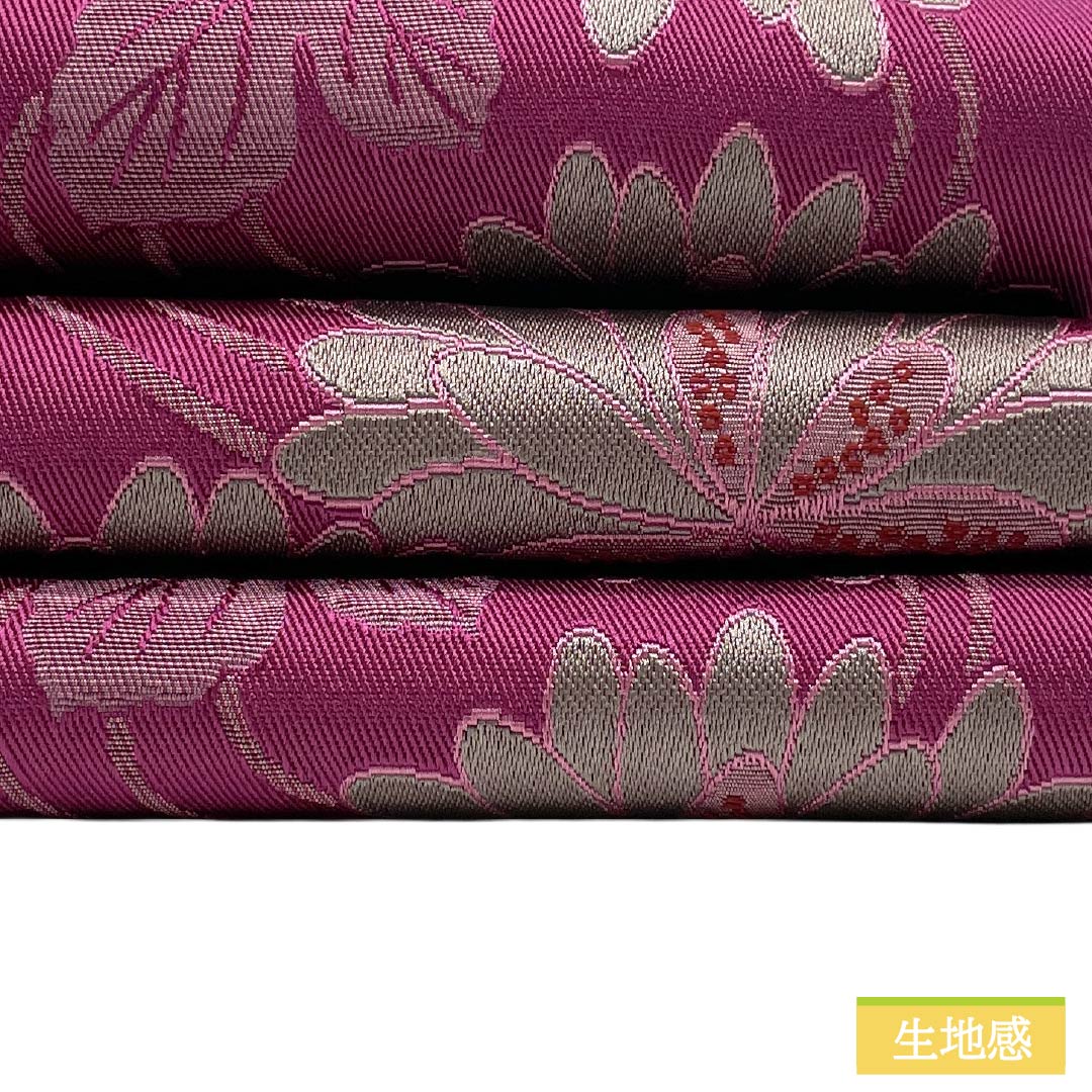 半幅帯 ポリエステル Sランク 牡丹色（ぼたんいろ） 蒲萄色（えびいろ） リバーシブル 葉っぱ模様 縞 嵐山よしむら 帯丈420cm 紫系 1125004902420