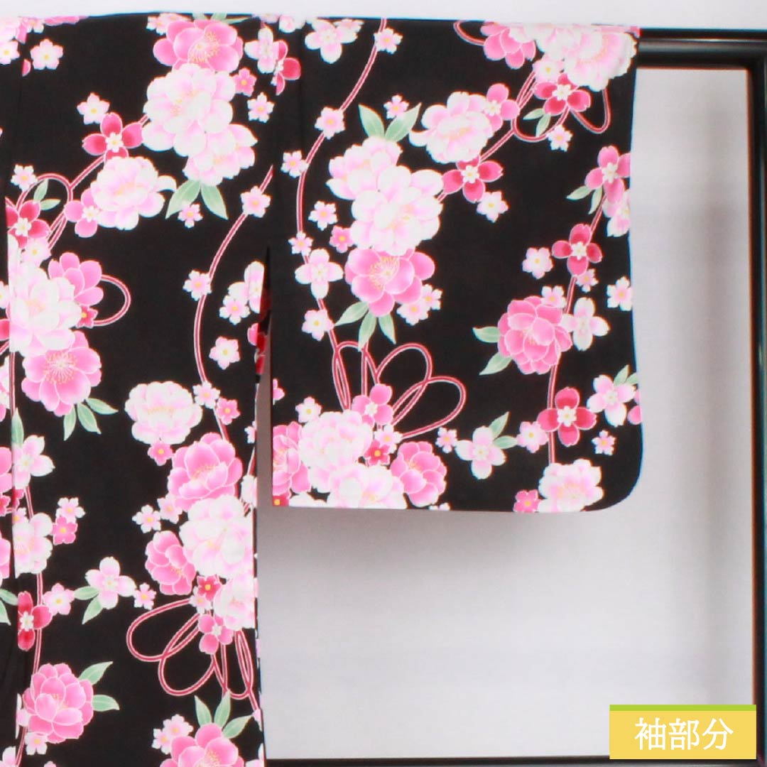 浴衣 木綿 身丈151cm 裄丈62cm Aランク 単衣 黒系 山茶花 1118005963210