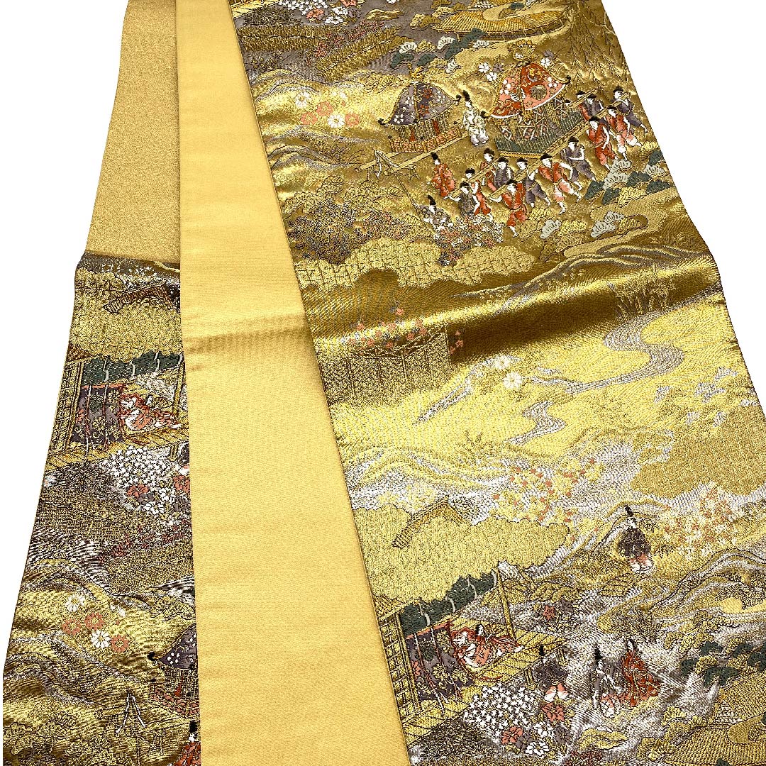 袋帯 金色 時代人物 時代風景 花模様 帯丈432cm 正絹 Aランク 六通 フォーマル 金系 1123006053321