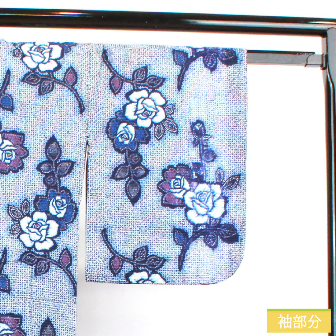 浴衣 木綿 身丈155cm 裄丈63cm Aランク 単衣 紺系 濃紺色（のうこんいろ） リップル 薔薇 1118004582318