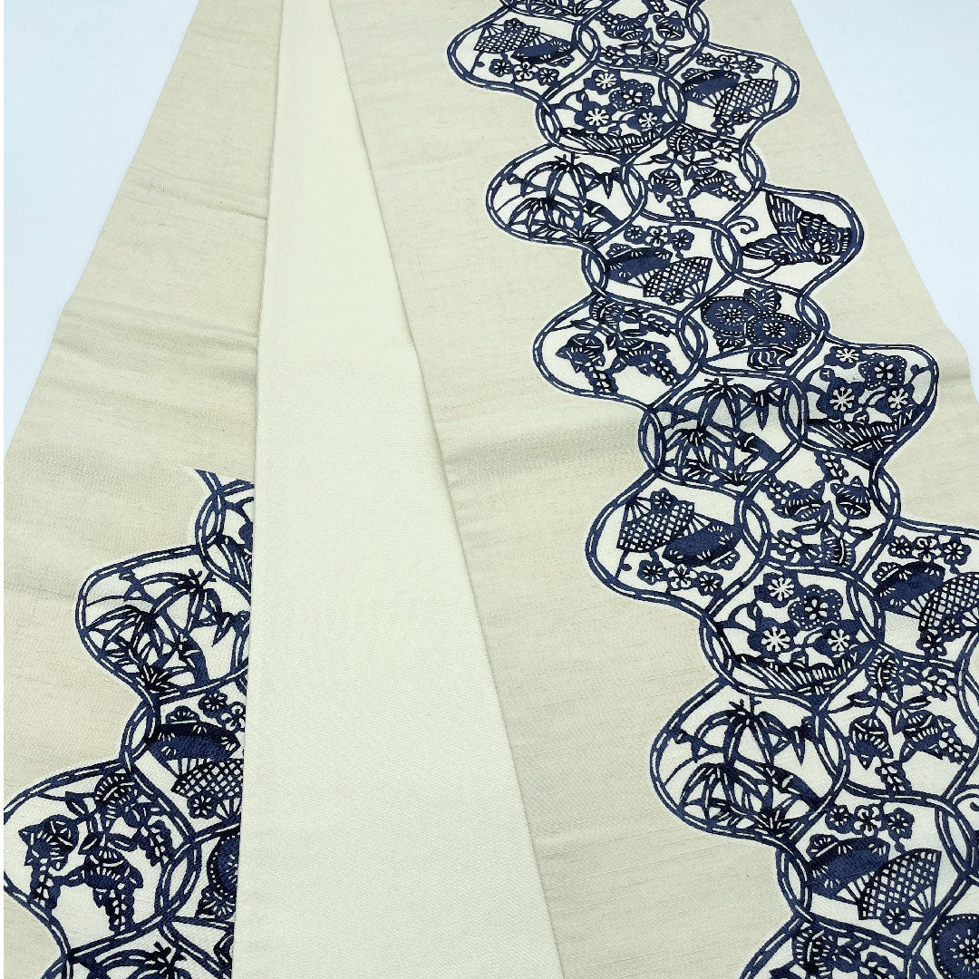 袋帯 灰梅色（はいうめいろ） 立湧 扇 桜 帯丈424cm 正絹 Aランク 六通 カジュアル クリーム系 1123005113315