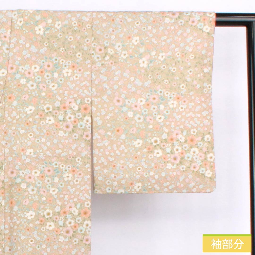 Komon (small pattern) polyester kimono, S rank, length 154cm, sleeve length 63cm, lined, Kouiro (scented color) stencil dyed floral pattern, washable, beige, 1115006532225