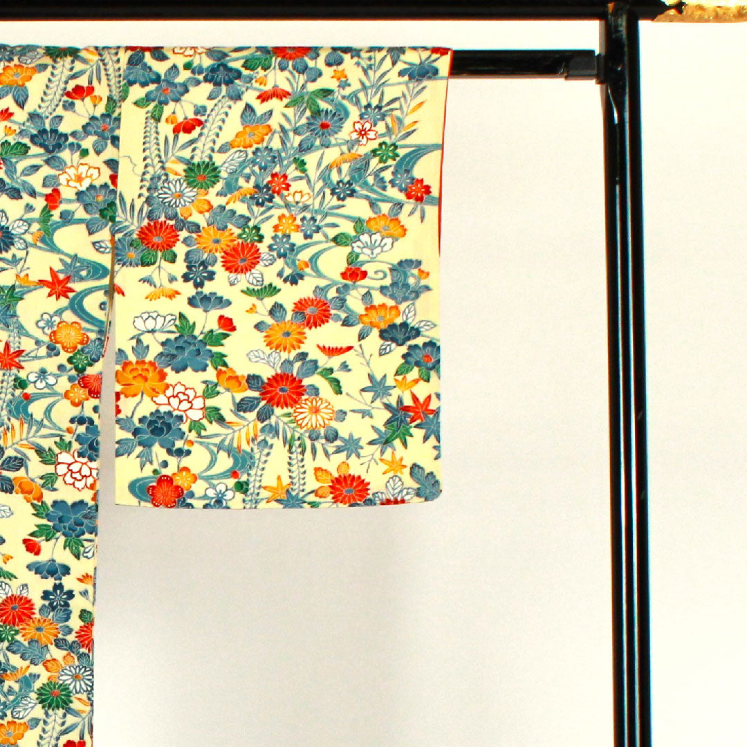 小紋 身丈163cm 裄丈66cm 袷  草花模様  ポリ Aランク クリーム系 1115001663415