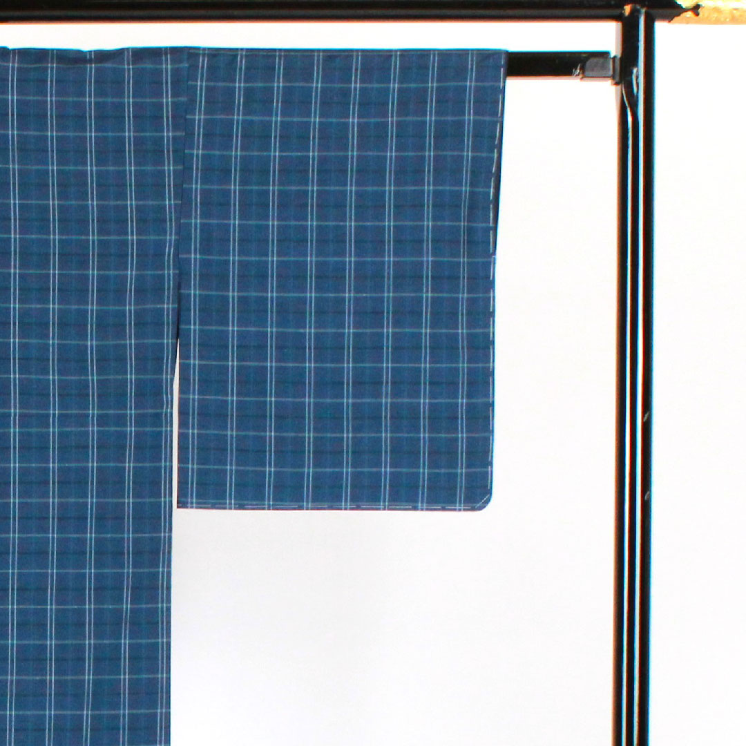 紬 身丈155cm 裄丈63.5cm 格子 正絹 Sランク 袷 紺系 1116001492318