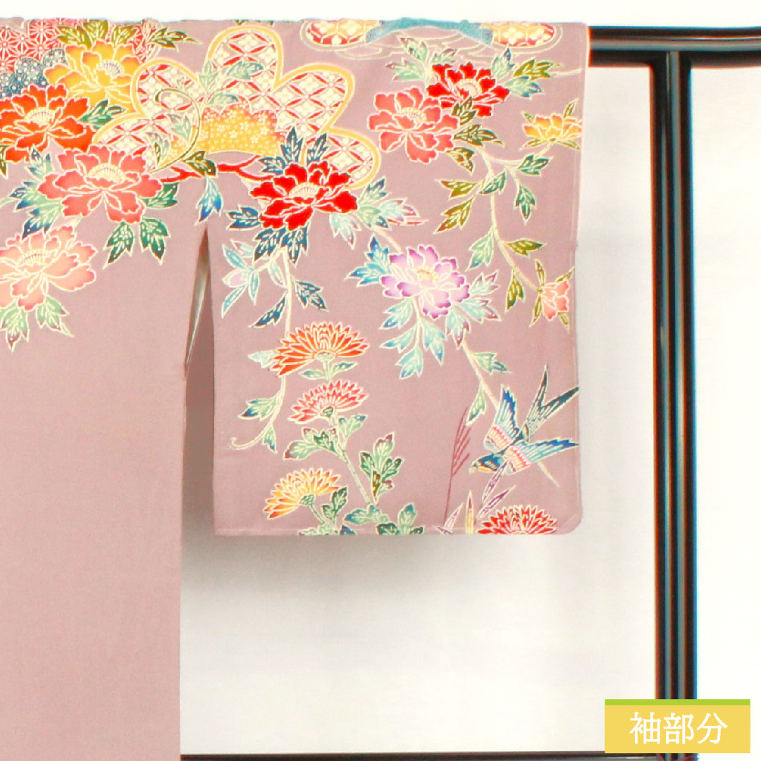 Homongi, pure silk, lined, length 164cm, sleeve length 63cm, grape color (shrimp color), Kyoto Bingata, floral pattern, A rank, purple, 1112005263420