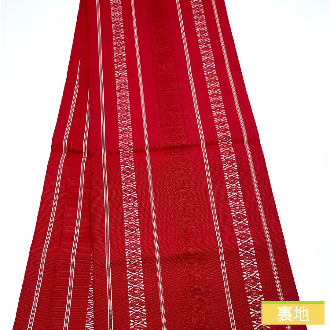 （未仕立）名古屋帯 土耳古赤色（とるこあかいろ） 博多織 献上柄 帯丈376cm 木綿 Sランク 全通 カジュアル 赤系 1124006892312 開き仕立て
