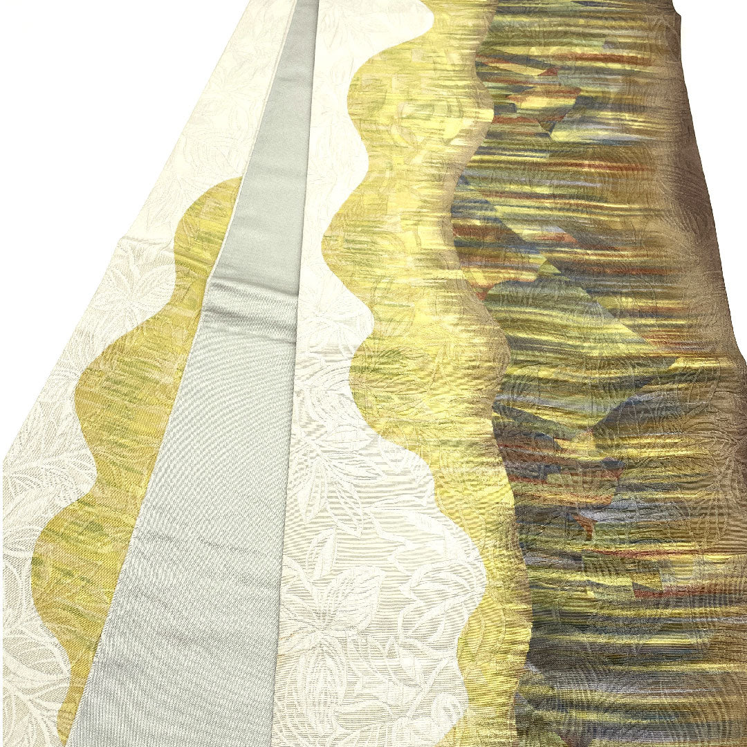 袋帯 染め帯 抽象模様 帯丈446cm 正絹 Aランク 全通 カジュアル 白系 1123005053311